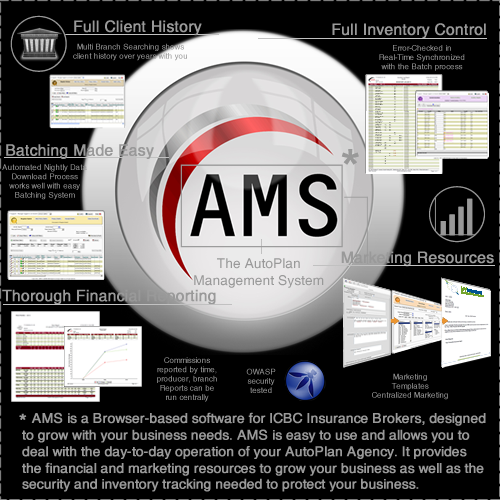 AMS is a Browser-based software for ICBC Insurance Brokers, designed to grow with your business needs. AMS is easy to use and allows you to deal with the day-to-day operation of your AutoPlan Agency. It provides the financial and marketing resources to grow your business as well as the security and inventory tracking needed to protect your business.
